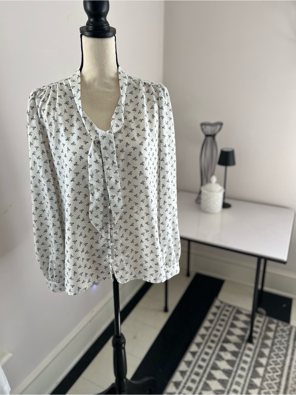 LOFT White Blouse with Black Bow Tie-Neck